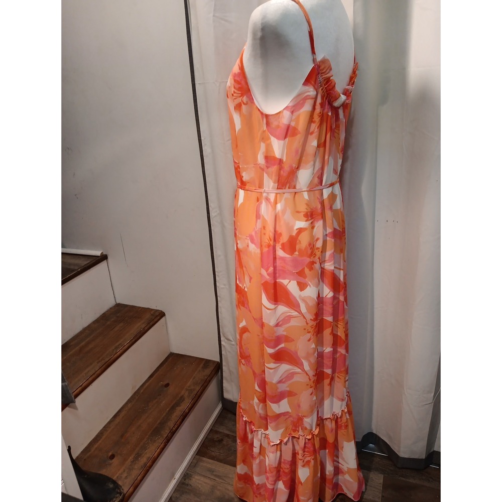 Nicole Miller Tropical Sheer Tiered Maxi Dress Belted Floral Boho XS - Picture 4 of 13